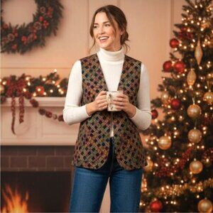 Vintage 90s Christmas Vest Holly Holiday Lattice Red Reversible Grandmacore